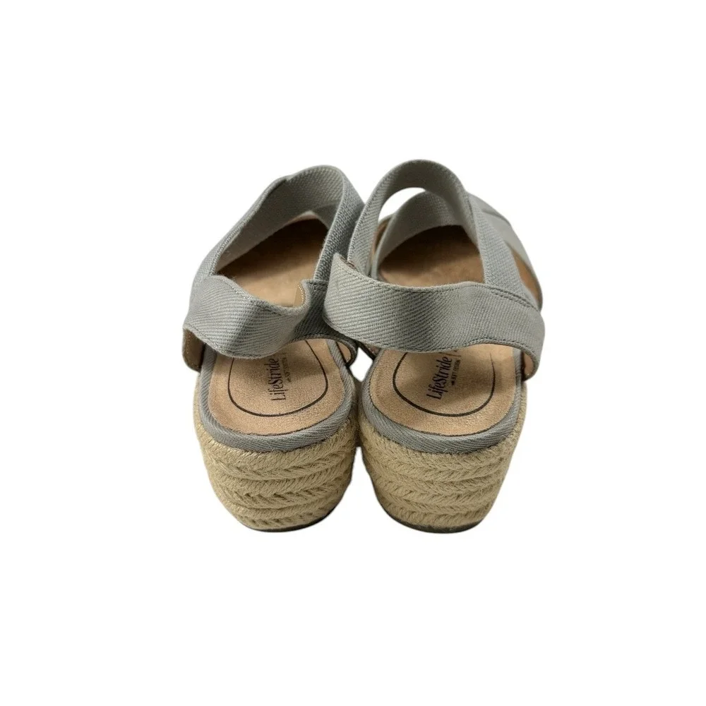 LifeStride Kimmy Grey Fabric Espadrille Wedge Sandals Womens 7W Round Toe Casual